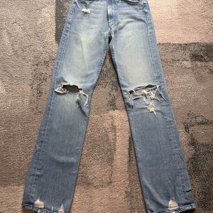 Mother Jeans, High Waisted Rider Skimp in “The Confession” light wash distressed